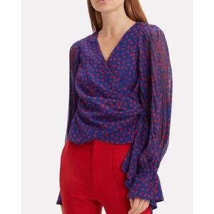 Self-Portrait Blouse Blue Red Printed Crepe Wrap Ruched Balloon Sleeve Size 2